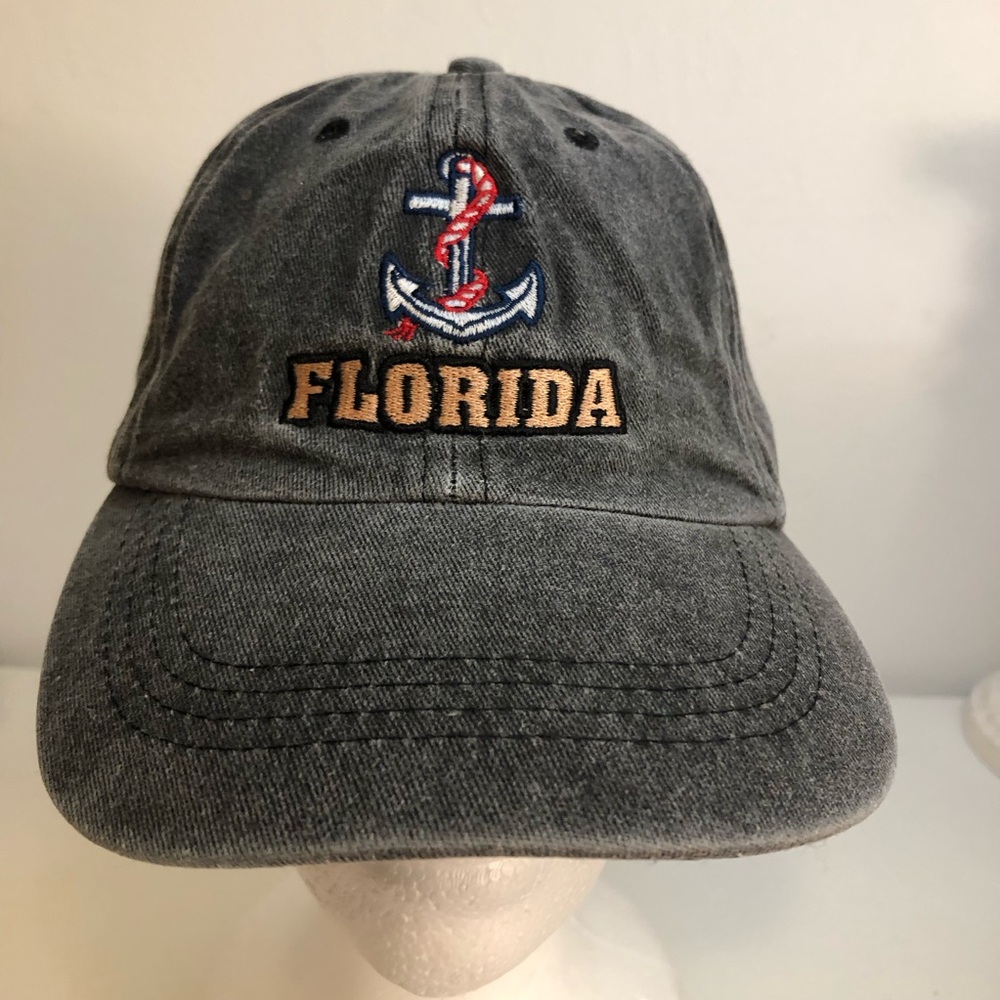Florida Embroidered Anchor Black Acid Washed Ball Cap